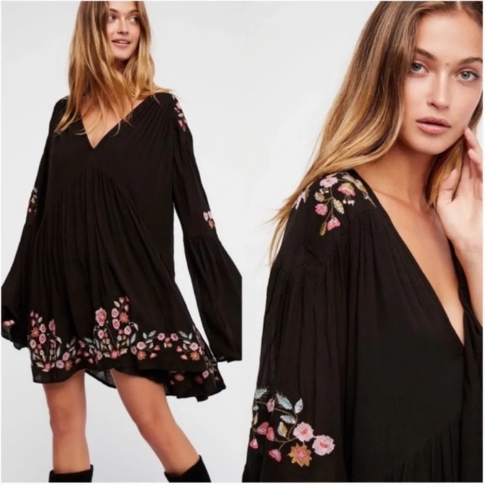 Free People Black Mini Dress with Pink Floral Embroidery